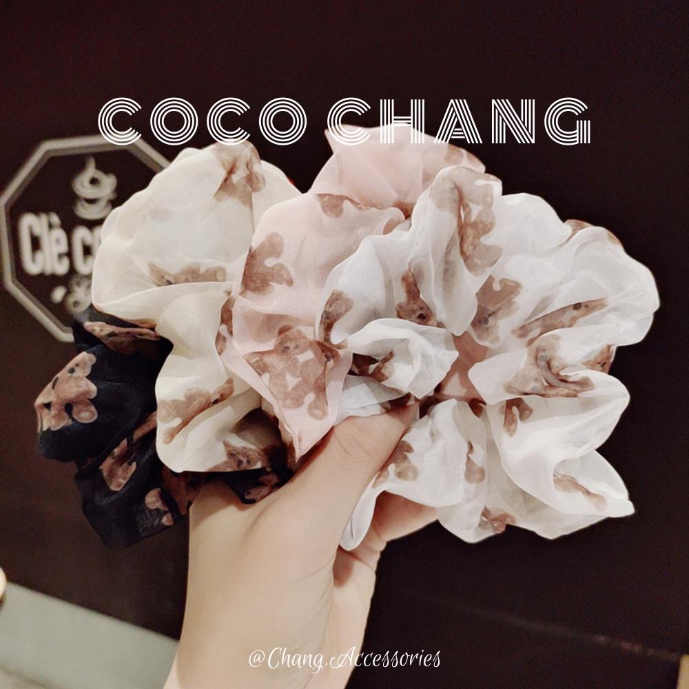 Dây cột tóc scrunchies vải voan họa tiết Gấu Teady