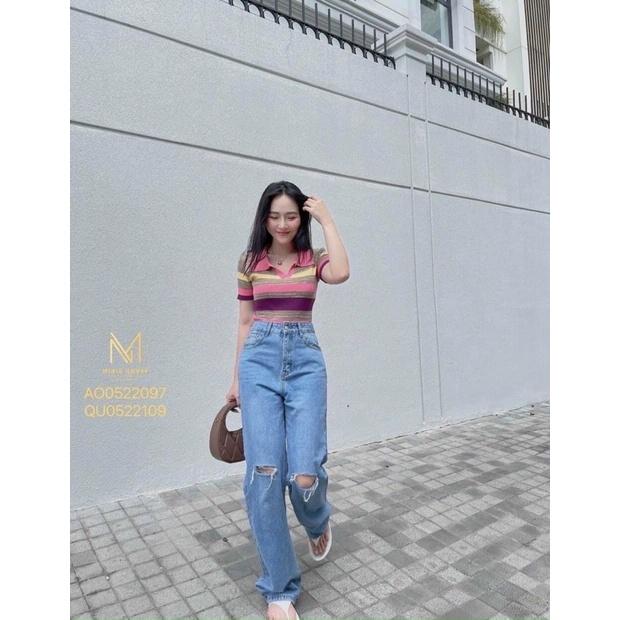 Áo len polo cầu vồng dáng croptop