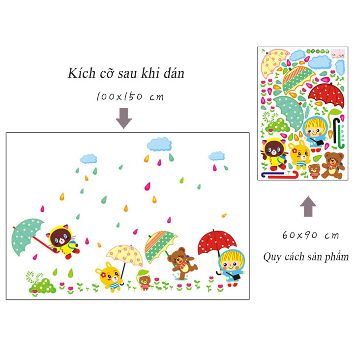 Decal dán tường chất liệu PVC loại 1 dày dặn, sắc nét, trang trí lớp mầm non, phòng học cho bé- Gấu che ô- mã sp AY1931