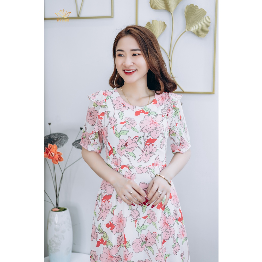 Đầm xòe thiết kế trung niên cao cấp sang trọng Cổ tròn tay bèo lỡ màu Trắng hoa hồng TTV STORE TTV1255