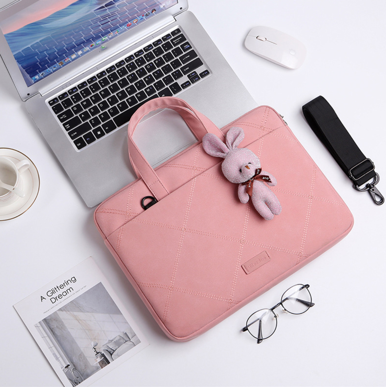 Túi chống sốc da cặp da chống sốc cho macbook, laptop, surface đeo chéo cute tặng kèm gấu bông