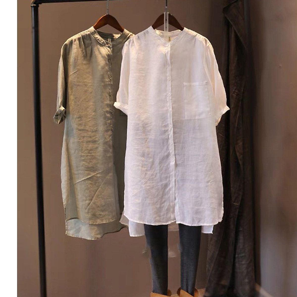 Sơ mi dáng dài Linen bột Premium cổ tầu tay lỡ trẻ trung