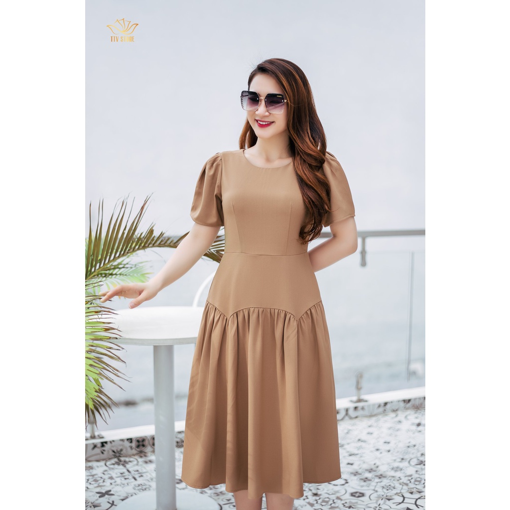 Đầm xoè thời trang trung niên TTV Store TTV1158 cổ tròn tay ngắn thết kế Nâu cà phê sang trọng