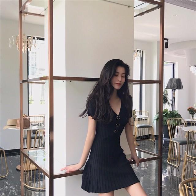 Váy len cổ tim ôm body ulzzang (có ảnh thật