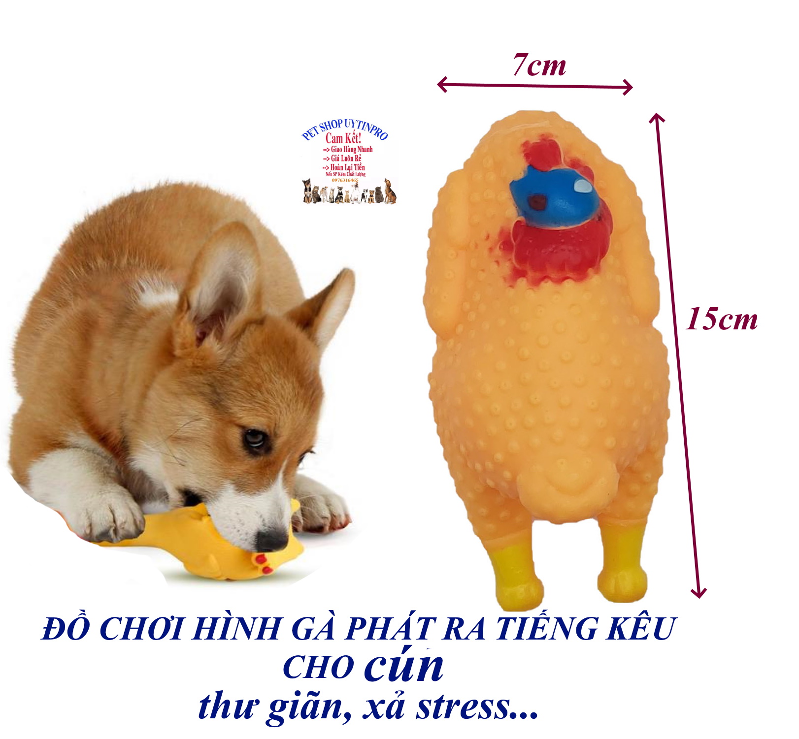 Đồ chơi cho Chó Hình con gà Đầu xanh đỏ Dài 15cm Phát ra tiếng kêu Chất liệu nhựa dẻo, An toàn, Giúp thú cưng thư giãn