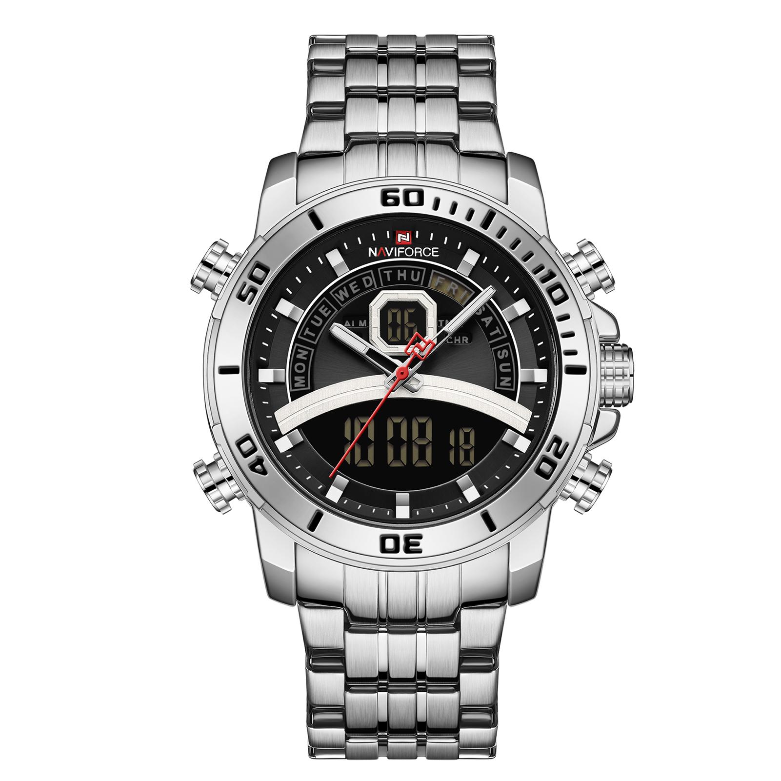 Đồng hồ NAVIFORCE Quartz Digital Electronic có đèn nền, chế độ giờ kép Chống thấm nước - Bạc