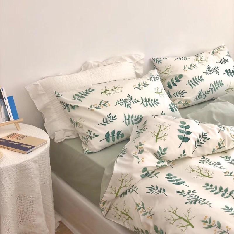 Bộ Chăn Ga Gối Cotton Living 100%cotton Hàng Nhập Khẩu Cao Cấp 4 Món Lá Xanh