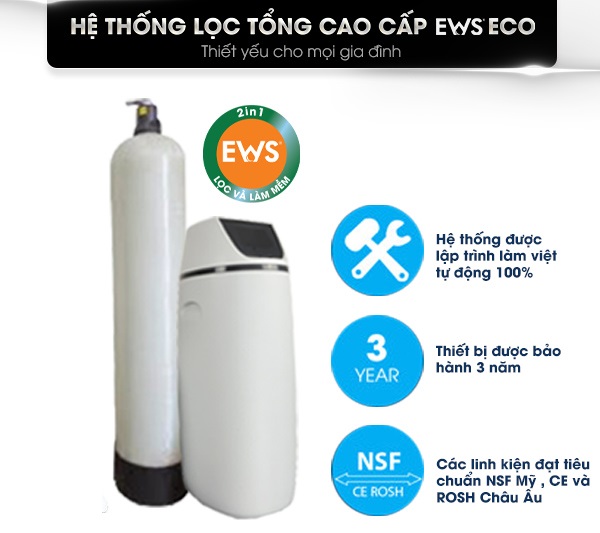 Hệ thống lọc nước tổng cho ngôi nhà EWS Eco lọc và làm mềm nước loại bỏ độ cứng, hoàn nguyên tự động, công suất 2000 lít/giờ