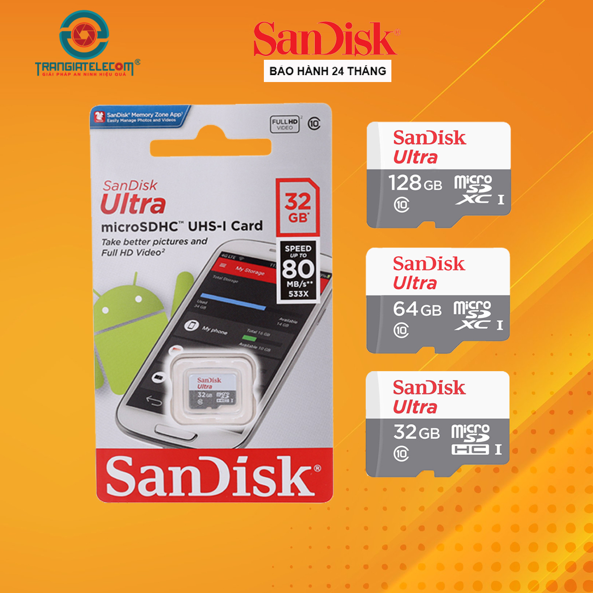 Thẻ Nhớ MicroSDHC SanDisk Ultra 32GB 64GB 128GB 256GB dùng cho camera - Hàng chính hãng