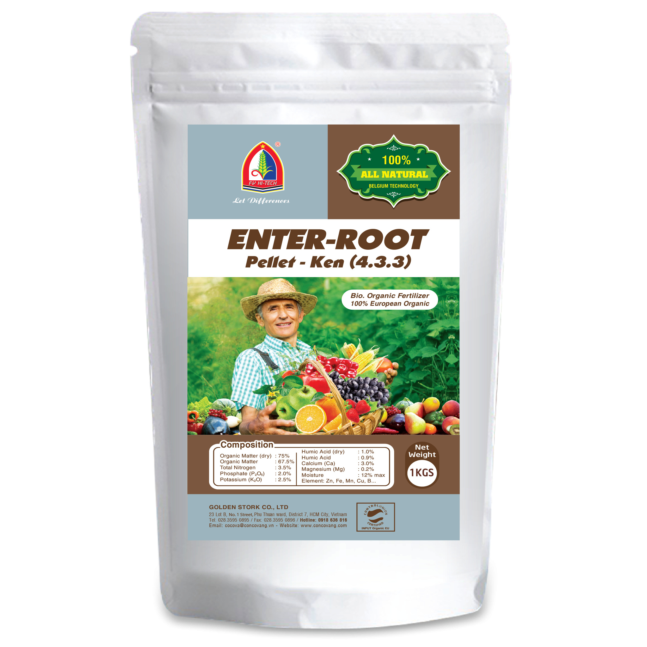 Phân bón Con Cò Vàng nhập khẩu : Hữu cơ Bỉ ENTER-ROOT 4-3-3-75 OM