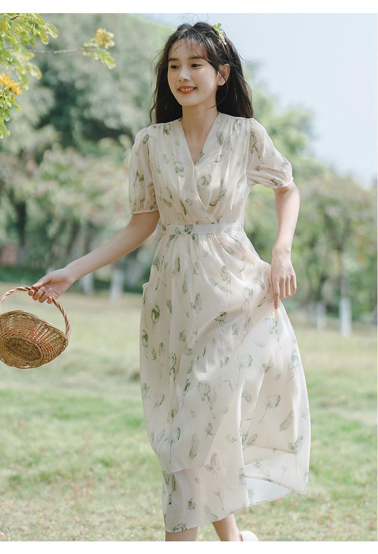 TOBE1SHOP Pháp nhỏ làm mới váy ngọt ngào thắt lưng ren-up trà nghỉ váy dài mùa hè hoa đầm phụ nữ