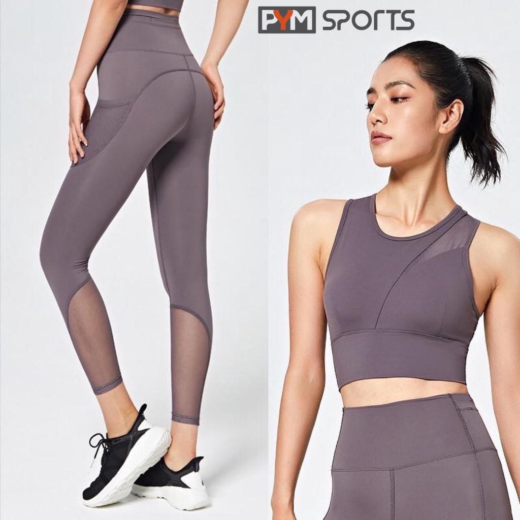 Set bộ đồ tập gym - tập yoga gồm bra và quần legging pha lưới PYMS008