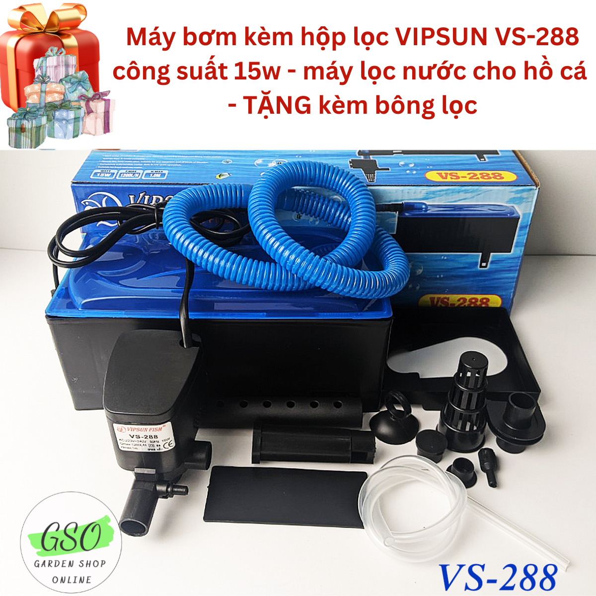 Máy bơm kèm hộp lọc VIPSUN VS288 công suất 15w - máy lọc nước cho hồ cá - TẶNG kèm bông lọc
