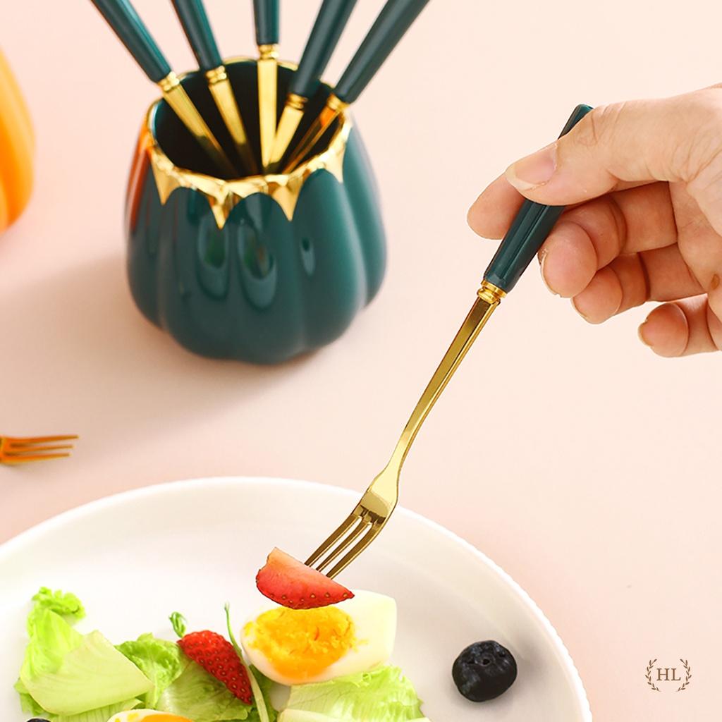 Hũ sứ kẻ vàng kim kèm thìa nĩa | Combo 6 Muỗng 6 Nĩa inox hoàng kim cán sứ kèm cốc sứ đựng kẻ vàng kim cao cấp 2023