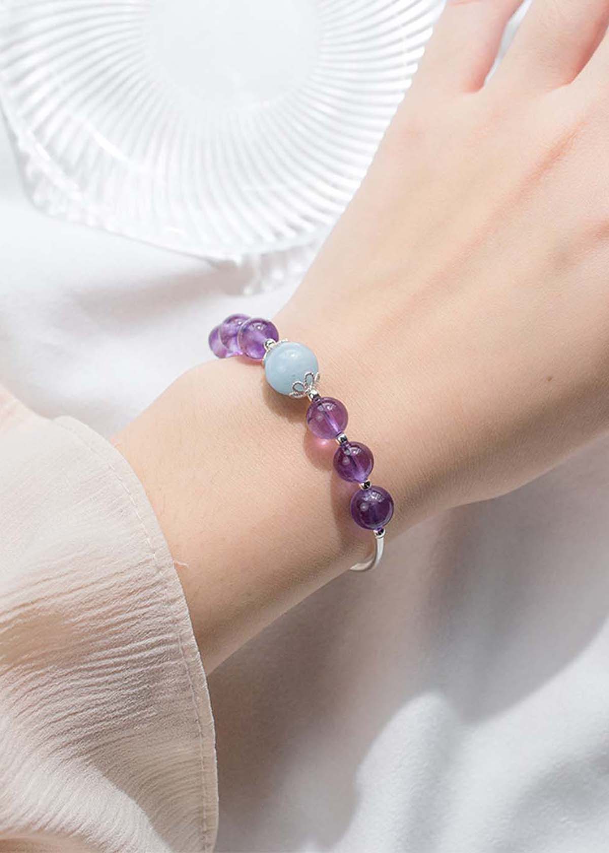 Vòng tay bạc đá thạch anh tím phối Aquamarine - Ngọc Quý Gemstones