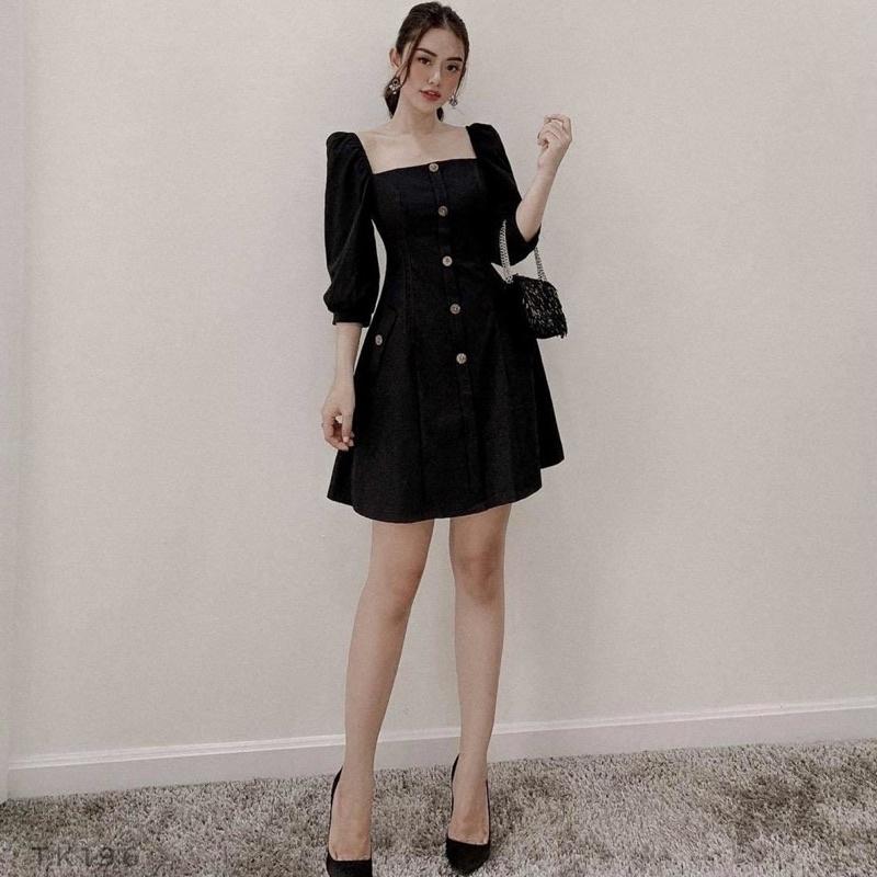 Đầm váy cổ vuông nút dừa tay lỡ 2 màu