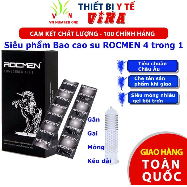 Bao cao su ROCMEN Long Shock 4 trong 1, mỏng, có gân ở thân dưới và có gai, có thuốc giúp kéo dài thời gian