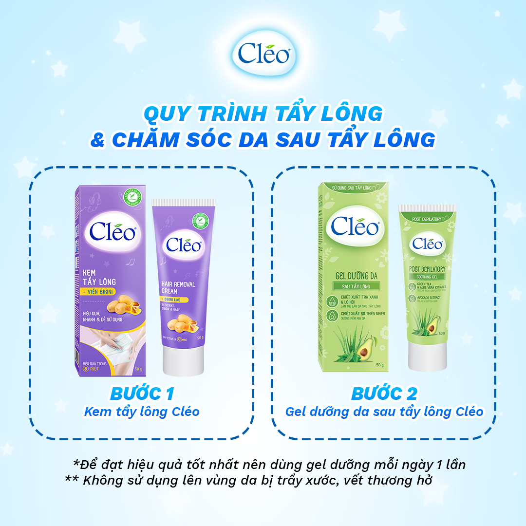 Combo tẩy lông Bikini Cléo 50g, an toàn không đau, hiệu quả trong 8 phút và gel dưỡng ẩm mịn da Cléo 50g