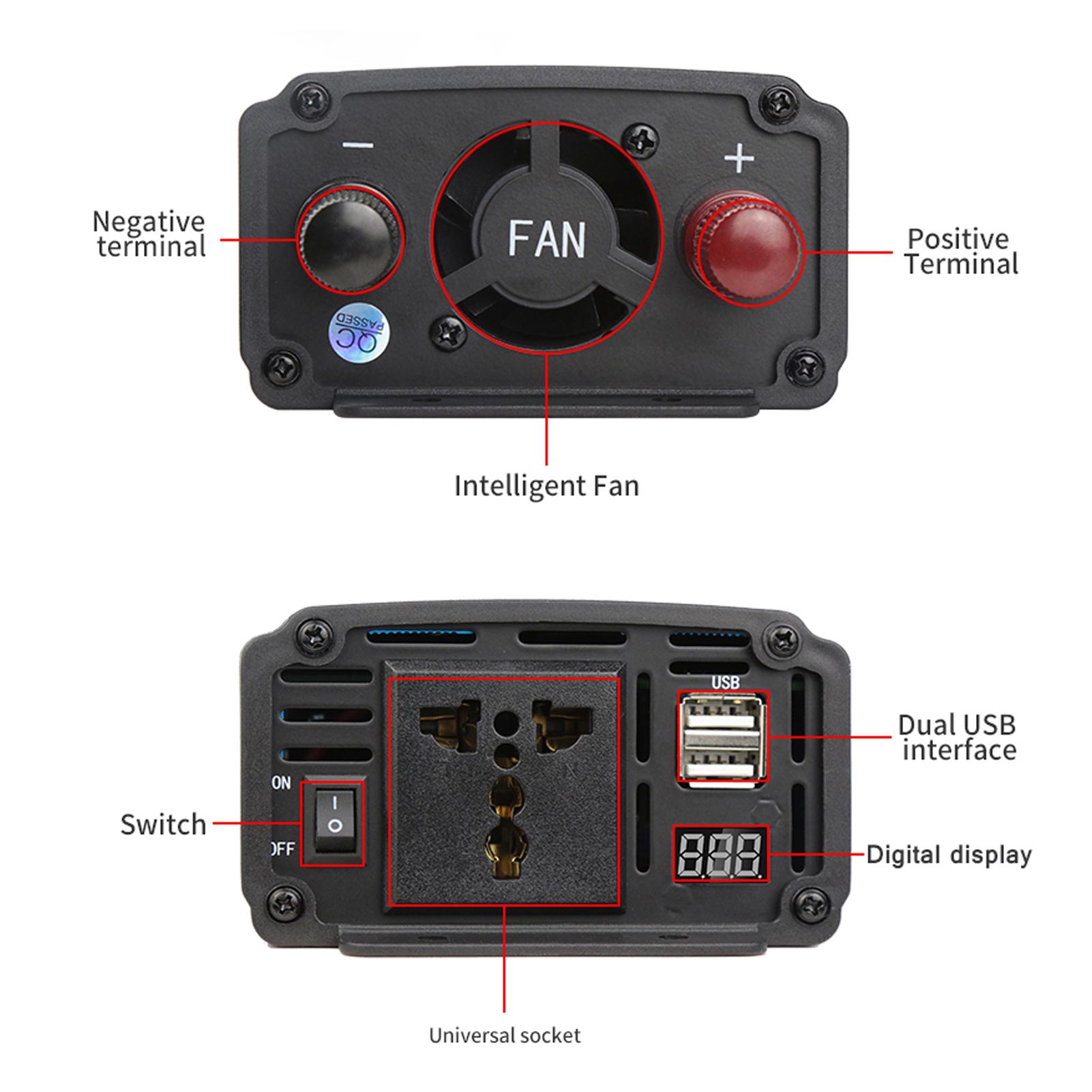 Solar Power Inverter Sine Wave Power Inverter 500W DC 12V to AC 100V-120V Dual USB Port with Digital Display