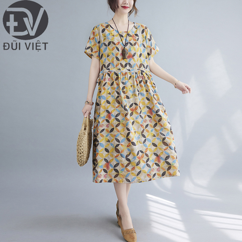 Váy Hoa Nhí Vintage Dáng dài, Đầm tay ngắn cổ tròn Hoạ tiết Hoa Nhí kèm dây rút eo cho nàng xinh xắn Đũi Việt