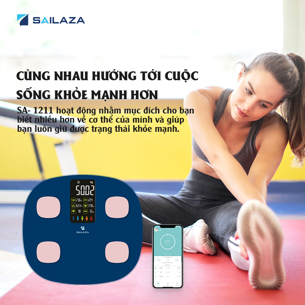 Cân Điện Tử Thông Minh Cao Cấp Kiểm Tra Toàn Diện 15 Chỉ Số Cơ Thể Màn Hình Màu LCD Cao Cấp Tích Hợp App Kết Nối Bluetooth Sailaza SA-1211 - Hàng Chính Hãng