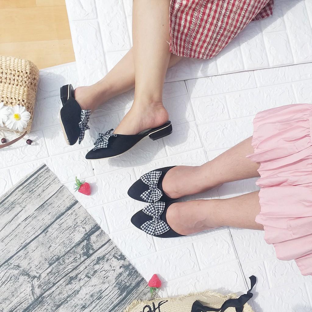 Giày búp bê nữ hở gót nơ sọc cao gót 2cm