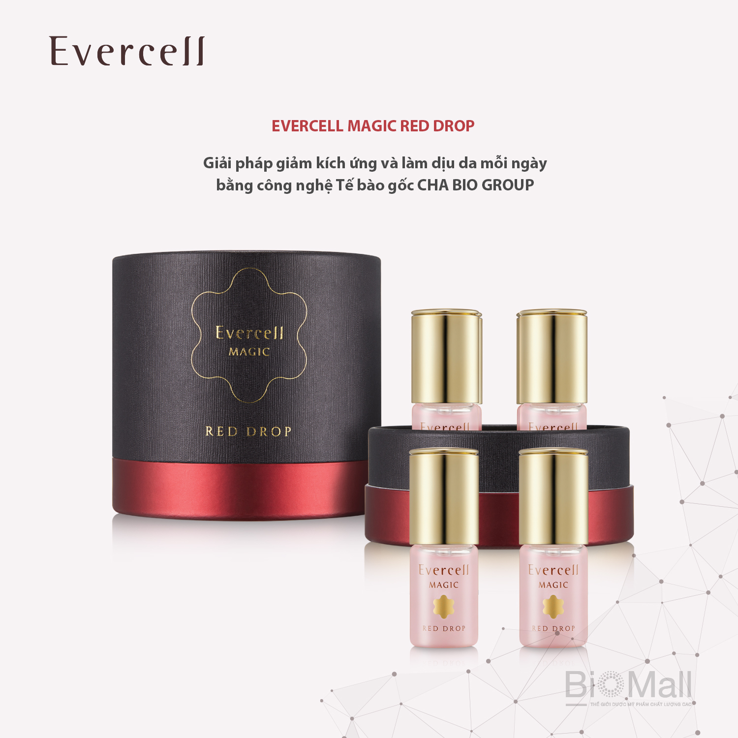 Ampoule đỏ thần kỳ miễn dịch phục hồi da bị viêm mụn nhạy cảm EVERCELL Magic Red Drop 4chaix10ml 