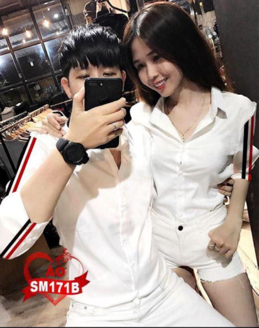 Áo sơ mi nam nữ trắng sọc tay 3 màu TM