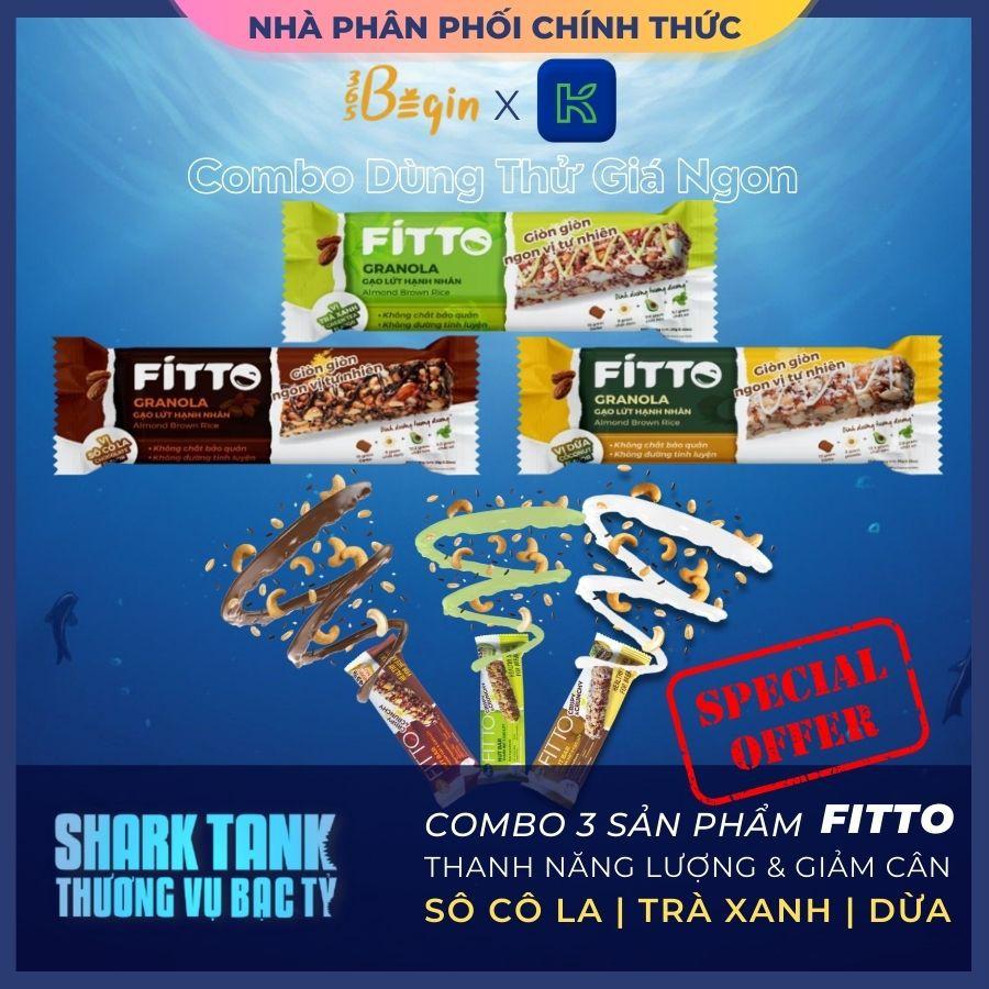 Combo 3 Thanh Năng Lượng Fitto Begin 365 (Socola, Trà Xanh, Dừa) - Bánh Ăn Kiêng - Bánh Giảm Cân