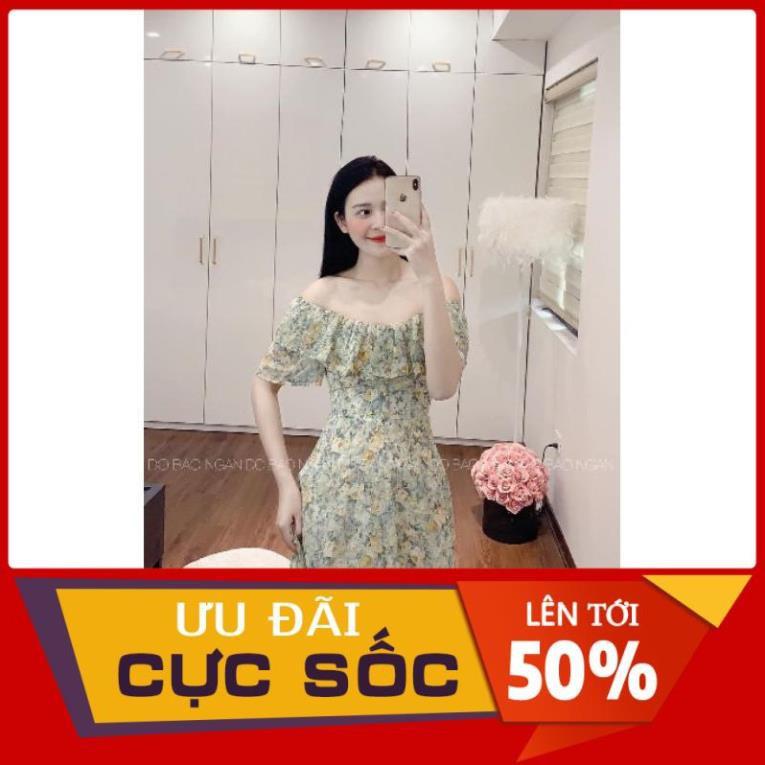 VÁY HOA XANH VOAN TRỄ VAI BÈO TẦNG 2 LỚP