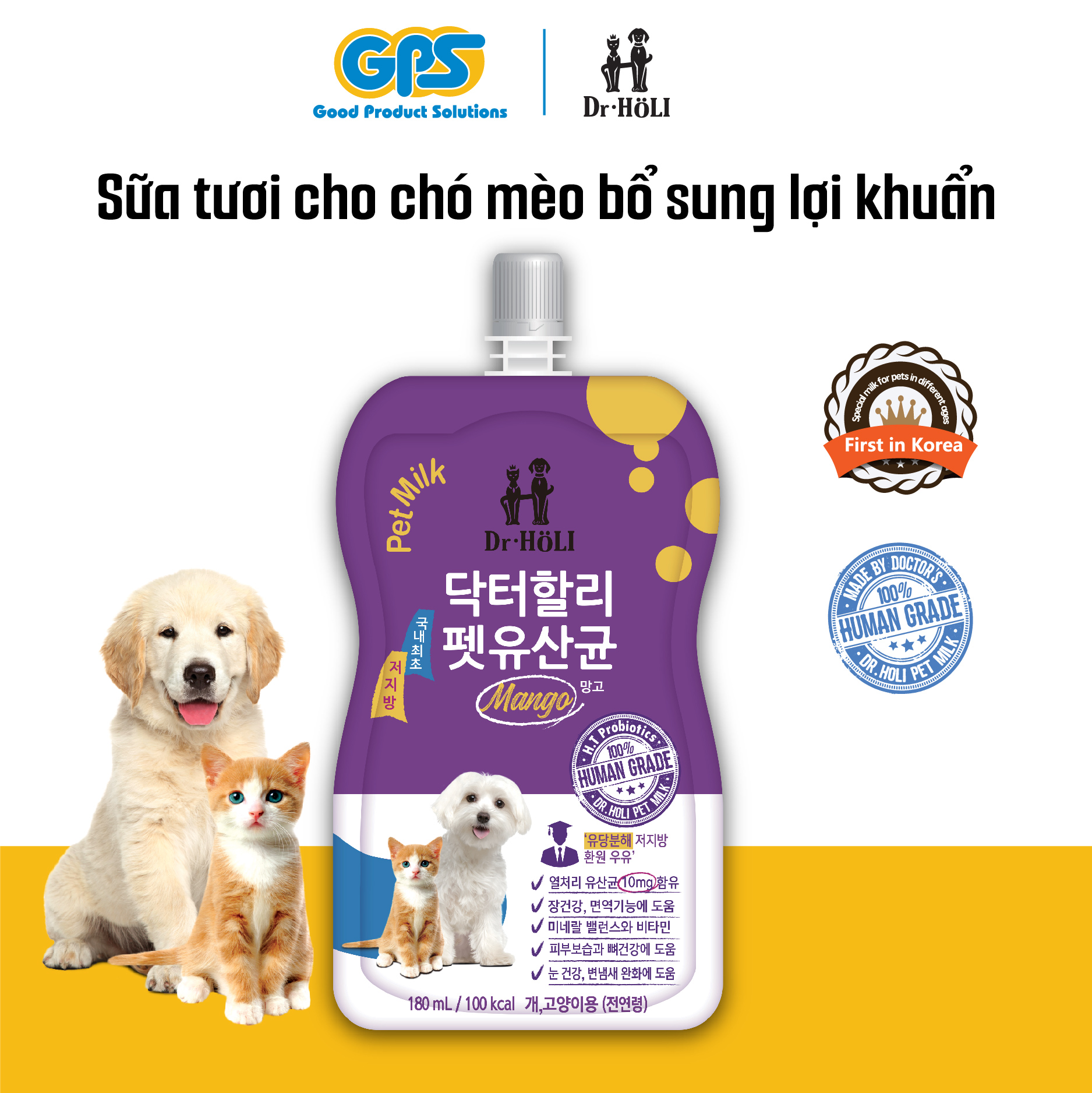 SỮA TƯƠI DINH DƯỠNG CHO CHÓ VÀ MÈO BỔ SUNG LỢI KHUẨN DR.HOLI PET MILK PROBIOTICS 180ML