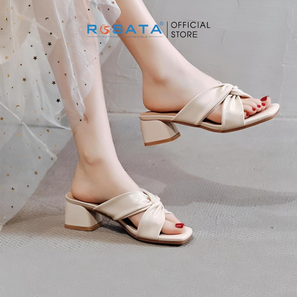 Giày sandal cao gót nữ ROSATA RO337 xỏ chân mũi tròn phối dây gót vuông cao 5cm xuất xứ Việt Nam - Kem