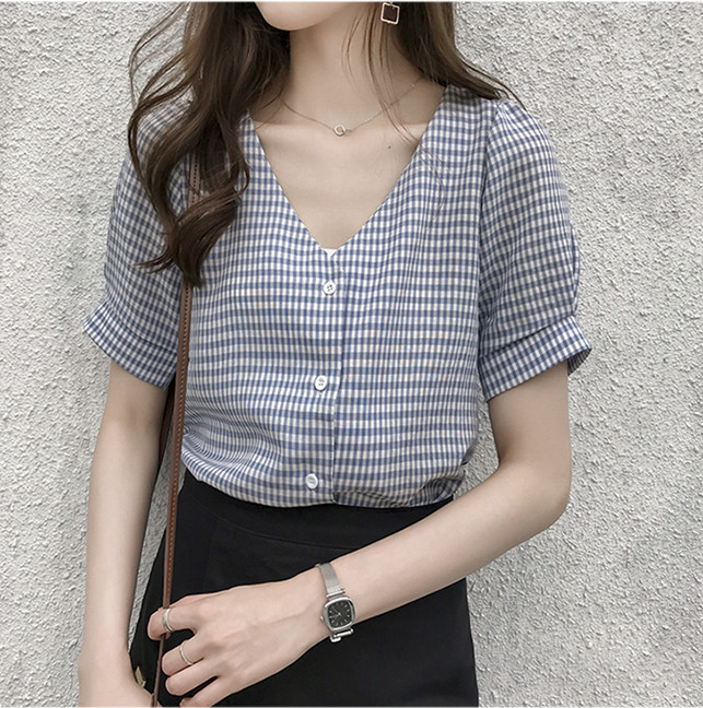 Áo kiểu nữ sọc caro cổ chữ V vintage dễ thương RM008