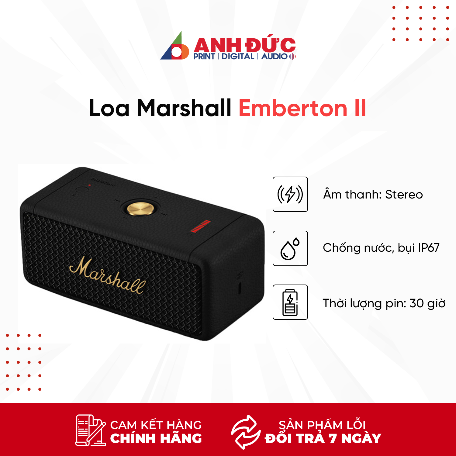 Loa Bluetooth Marshall Emberton II (Pin 30h)- Hàng chính hãng ASH Việt Nam