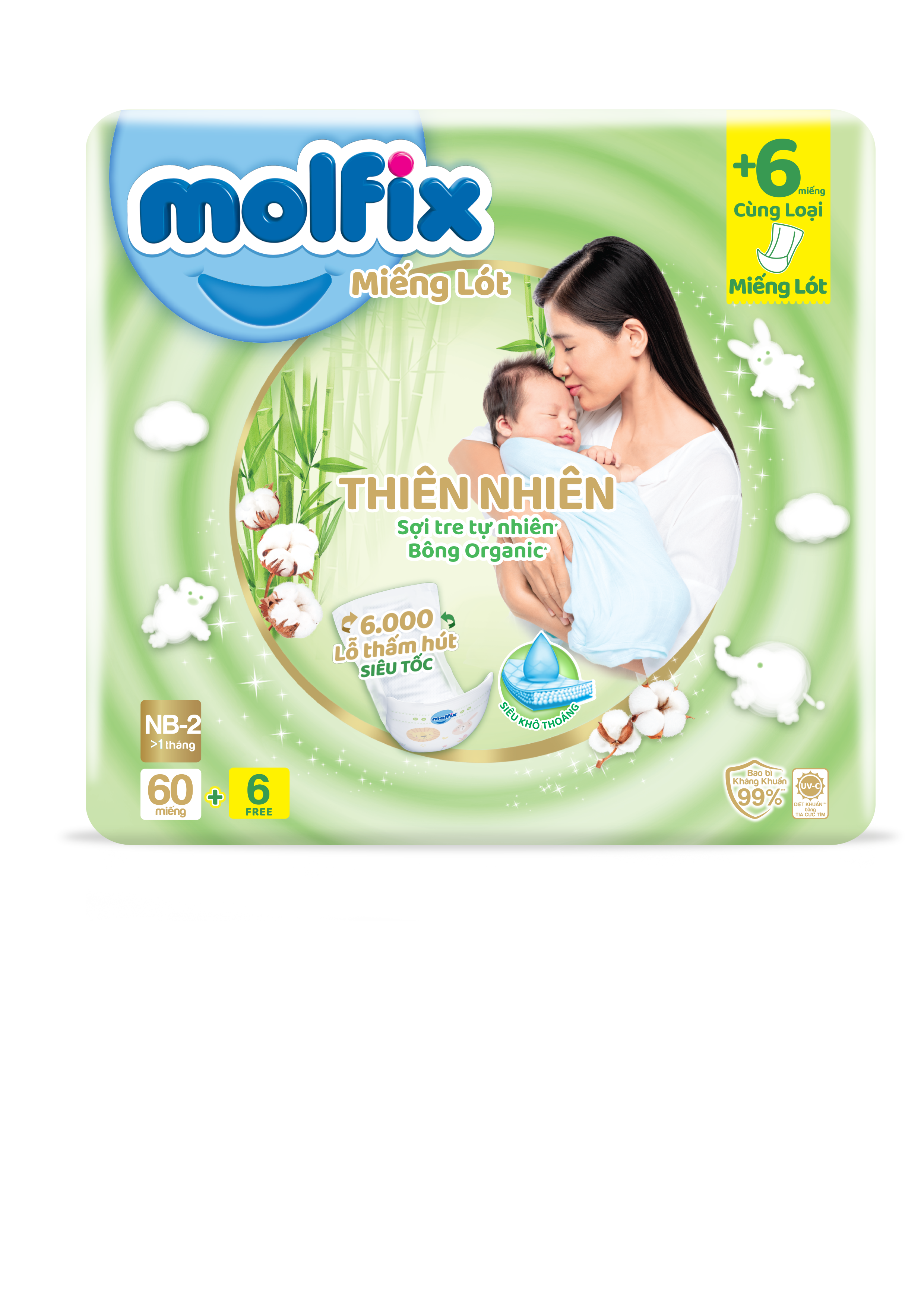 Miếng lót sơ sinh Molfix Thiên nhiên Super Jumbo Newborn 2 (trên 1 tháng tuổi) - Gói 60+6 miếng