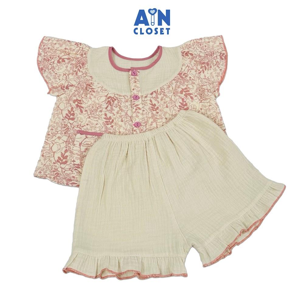 Bộ quần áo Ngắn bé gái họa tiết Hoa Lá Hồng Xô muslin - AICDBGH40HP0 - AIN Closet