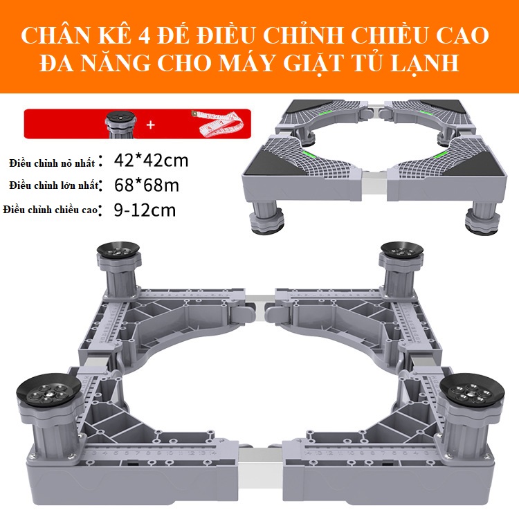 Chân kê máy giặt cửa ngang 4 Đế điều chỉnh độ cao giúp cân bằng hạn chế rung lắc dịch chuyển máy.