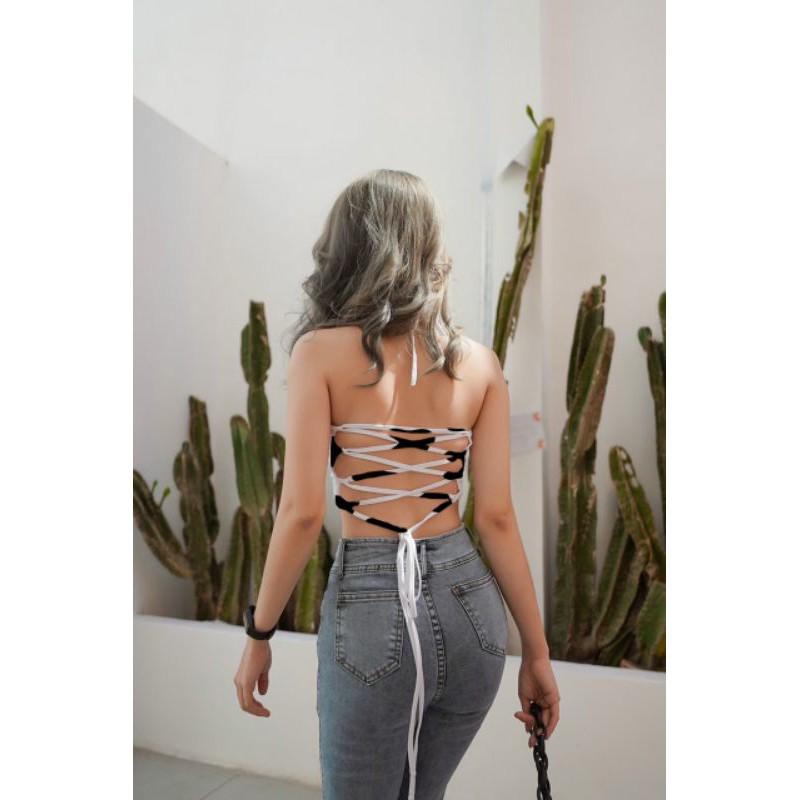 Áo croptop yếm đan dây chéo ngựa vằn
