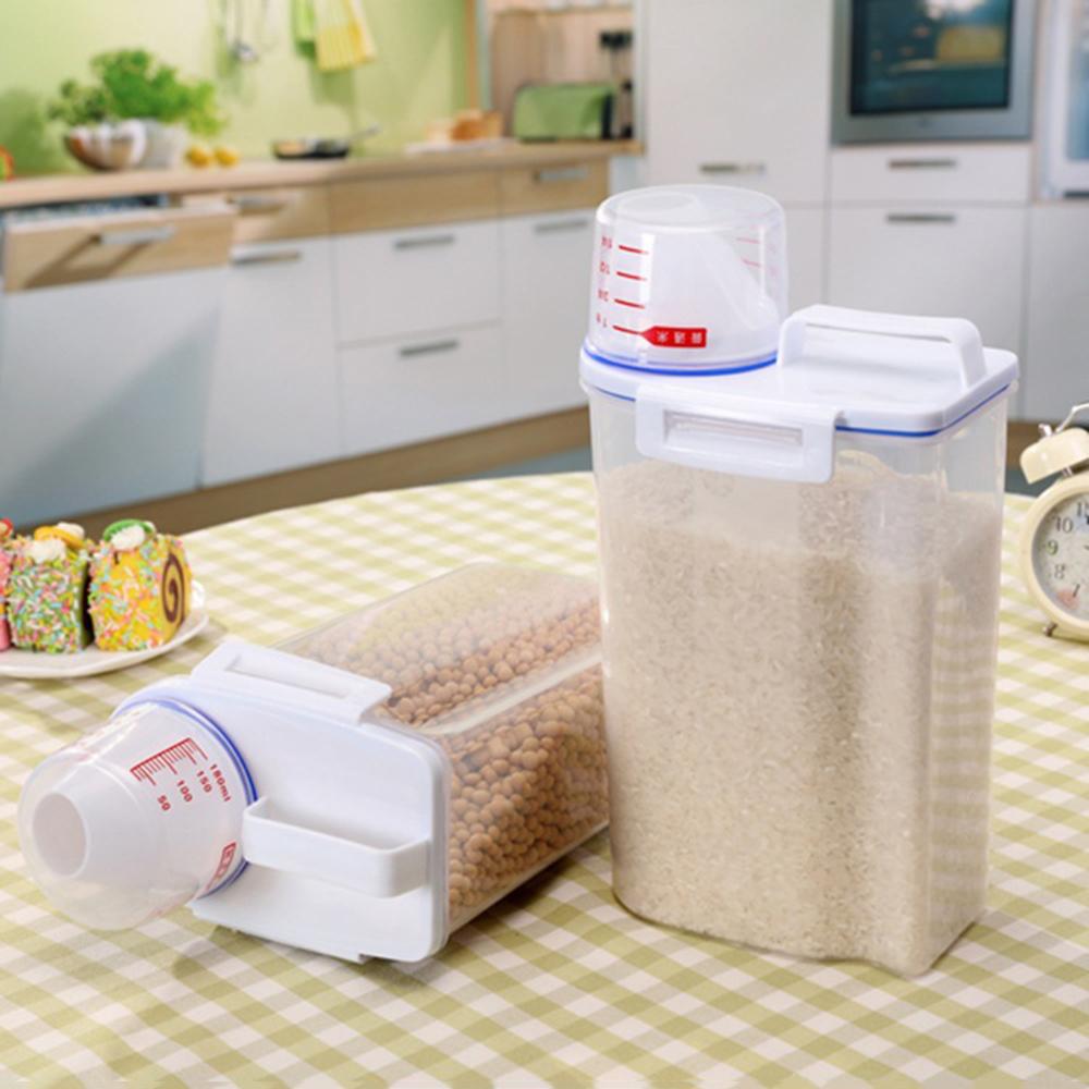 2L Rice Storage Container with Measuring Cup Transparent Sealed Food Storage Containers for Grain Cereal Soybean