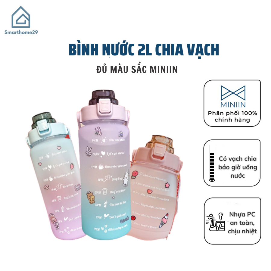 Bình Đựng Nước 2L Dễ Thương Có Vạch Báo Giờ Uống Nước - Hàng Loại 1 - Chính Hãng MINIIN