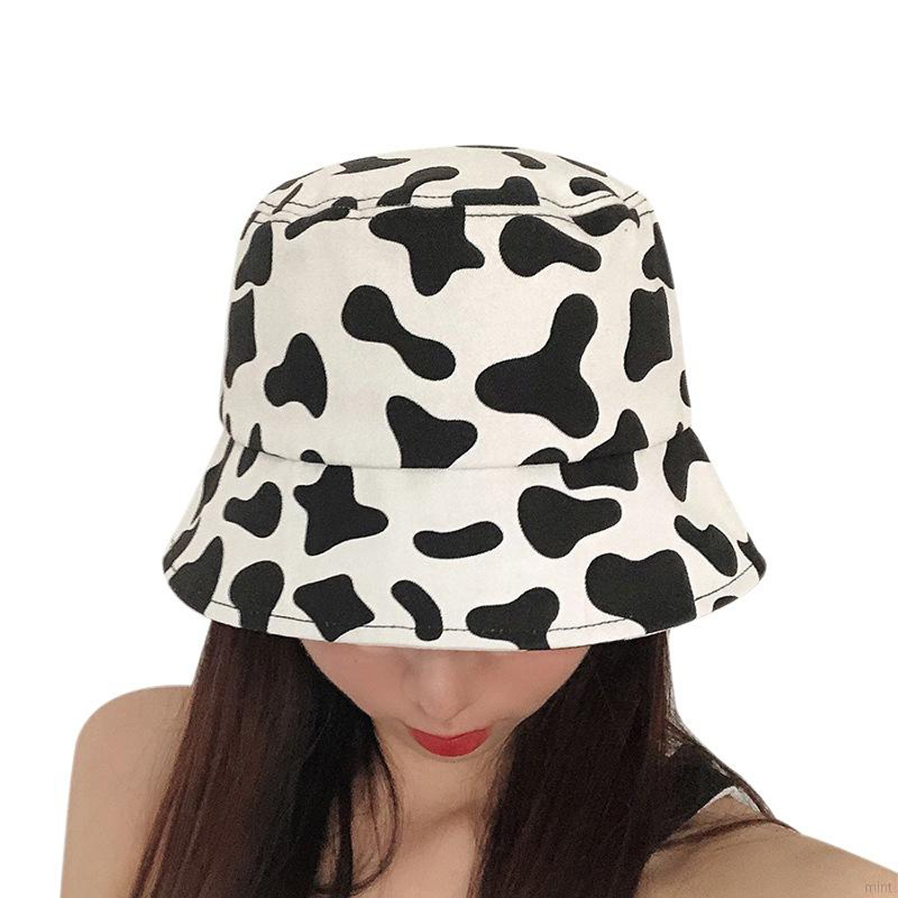 Mũ rộng vành chống nắng đội được 2 mặt họa tiết bò sữa &amp; đen trơn thời trang - Hạnh Dương
