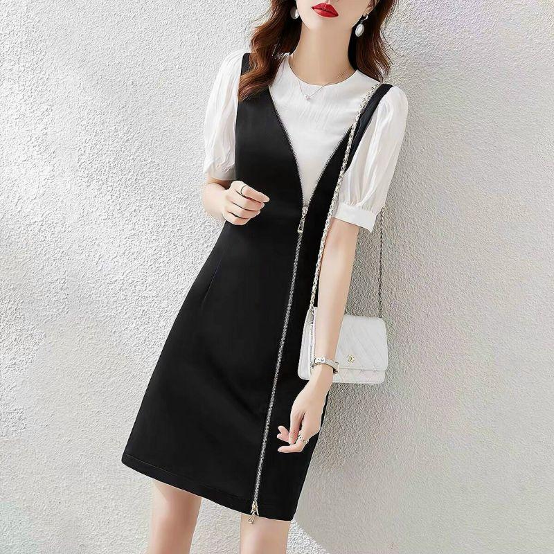 HÀNG NHẬP - ĐẦM SUÔNG PHỐI TRẮNG ĐEN KHÓA KÉO