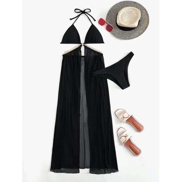 BY016 - Bikini Phong Cách Phối Dây Xích Liền Vạt Váy Voan Xẻ Tà Gợi Cảm
