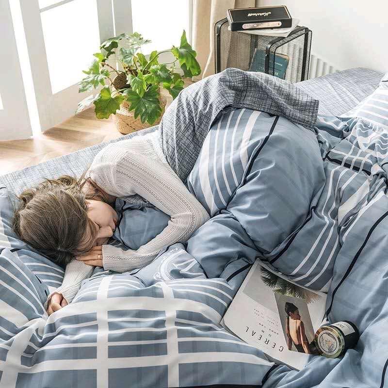 Bộ chăn ga Cotton poly M2T bedding chăn ga Hàn Quốc kẻ chữ M đủ size miễn phí bo chun