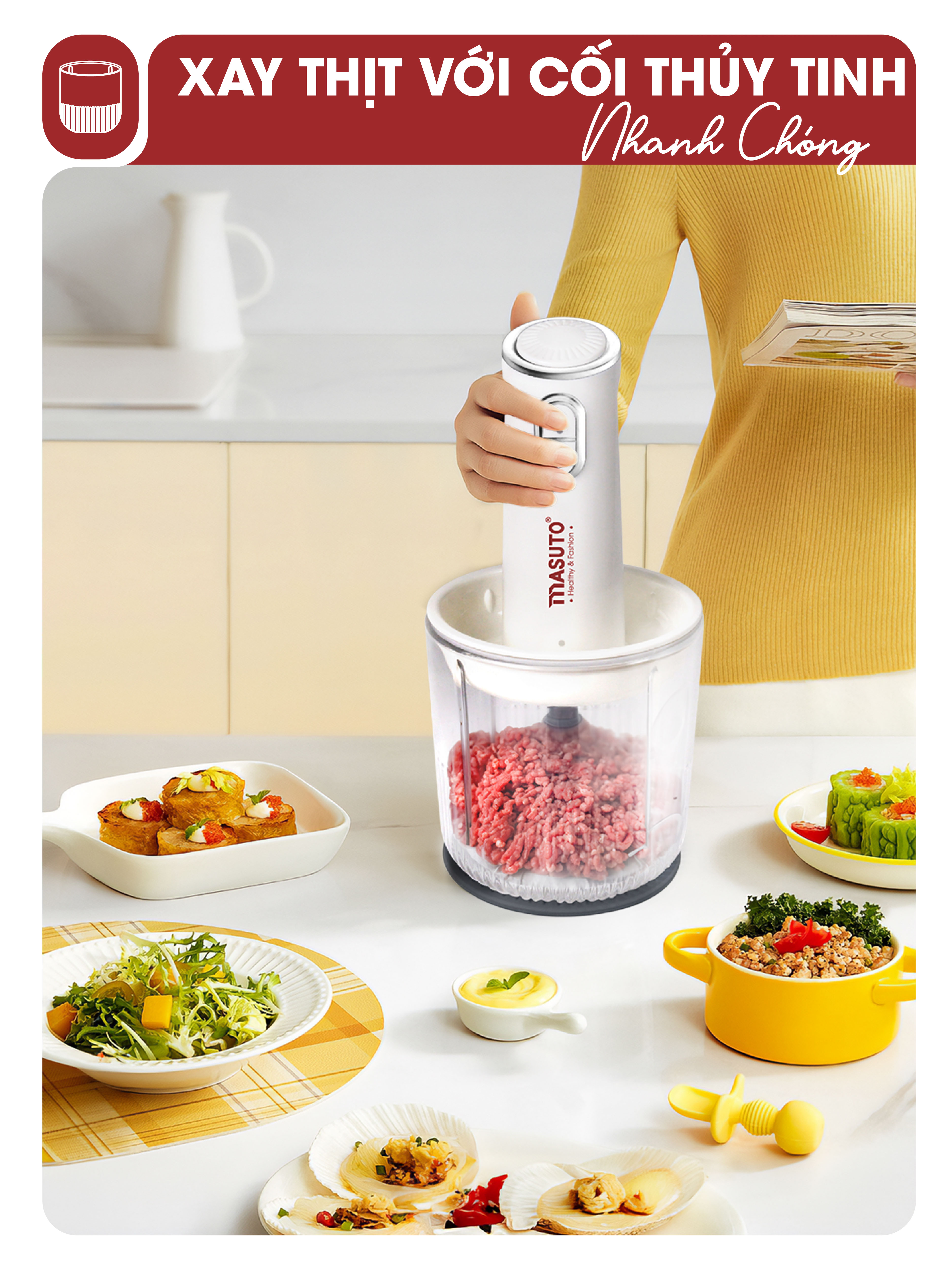 Máy xay thịt đa năng Masuto Fivestar 1L cối thủy tinh, tặng cối xay hạt xay gia vị, xay khỏe siêu nhanh nhuyễn mịn - Hàng chính hãng
