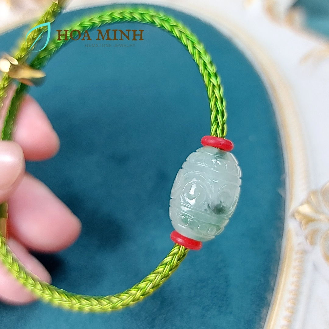 Vòng dây cáp phối lu thống Cẩm Thạch hoa bay chạm vân mây size 12x17mm phong thủy may mắn