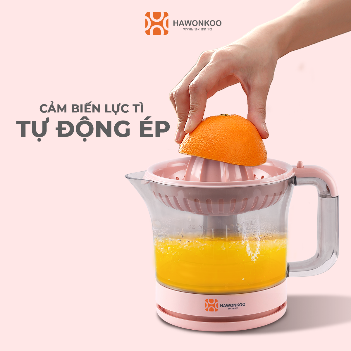Máy Vắt Cam HAWONKOO OJH-001-PK Hồng Pastel 30W 600ML Hàng Chính Hãng Bảo Hành 12 Tháng - Thương Hiệu Hàn Quốc
