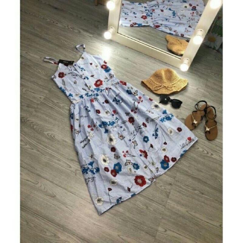 Đầm 2s thô lụa kẻ hoa xanh siêu hót