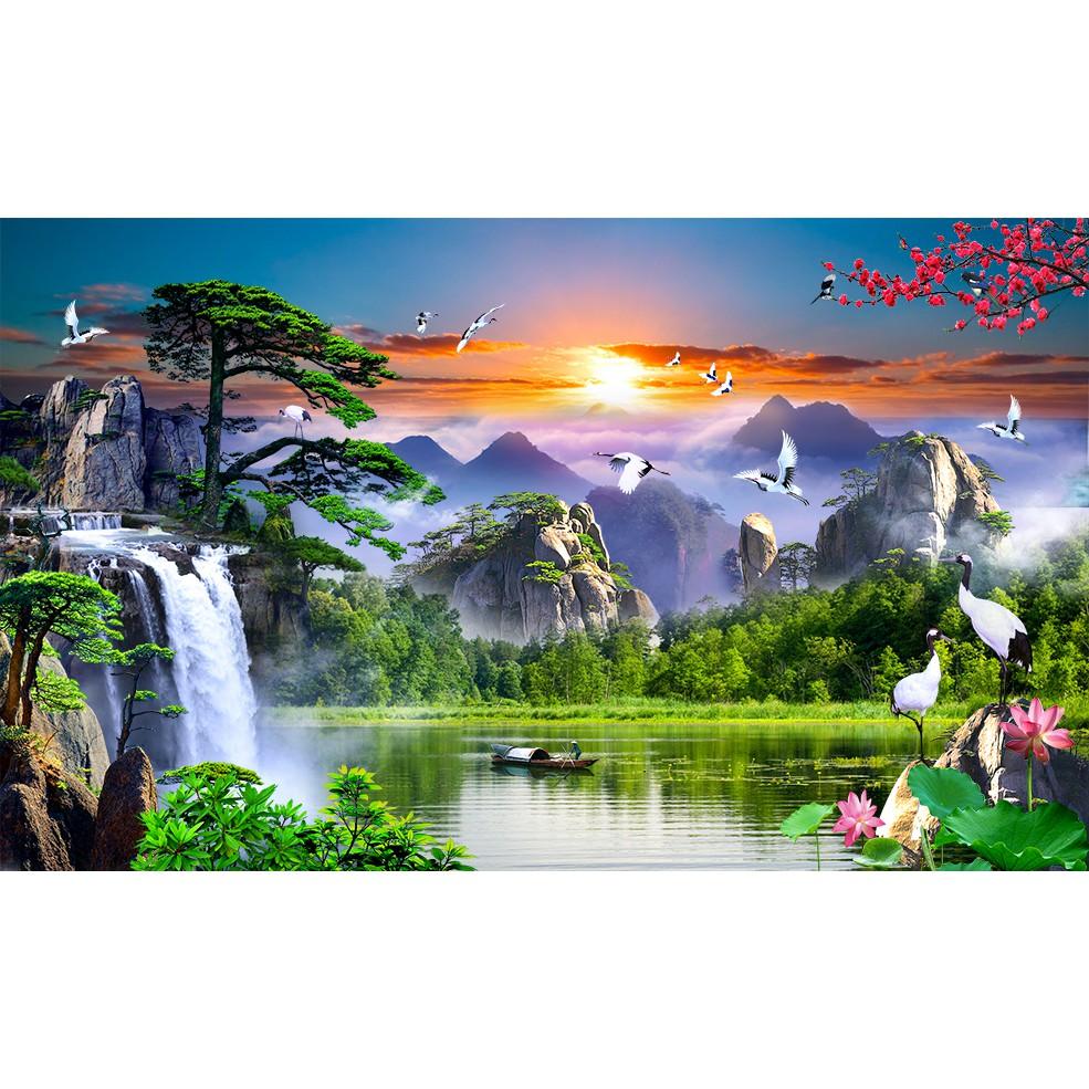 Tranh dán tường 3D thác nước - VẢI LỤA phủ kim sa