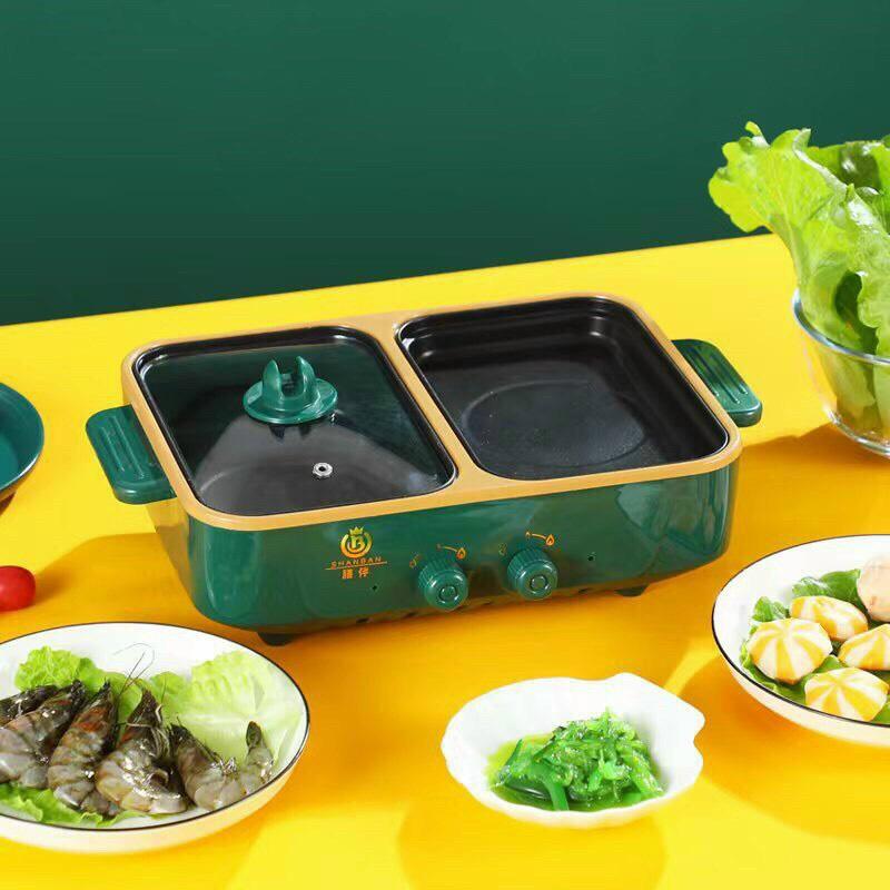 Bếp Lẩu Nướng Mini 2 Ngăn SHABAN Cao Cấp 2 In 1 Siêu Chống Dính, nồi lẩu nướng hàn quốc NONGLAN